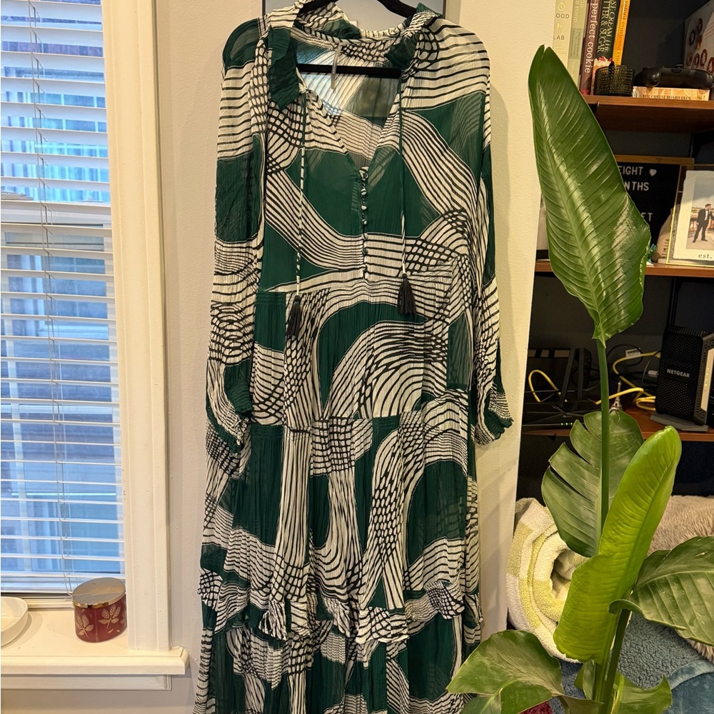 Anthropologie Green and White Patterned Maxi Dress